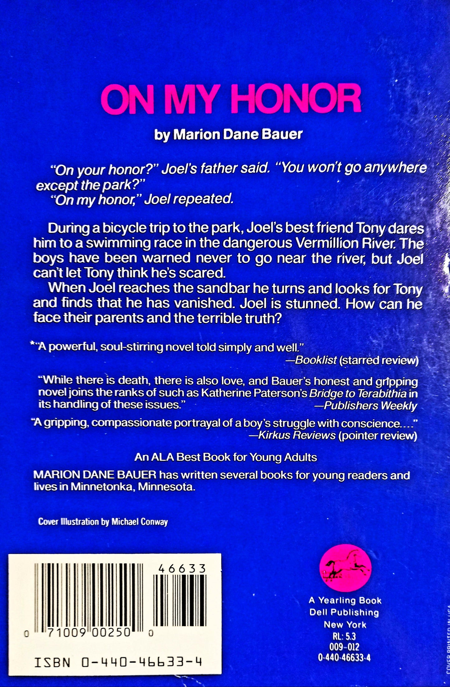 Book back cover of "On My Honor(ISBN: 0-440-466334-4)" by Marion Dane Bauer — paperback middle‑grade novel about friendship and responsibility (1986).