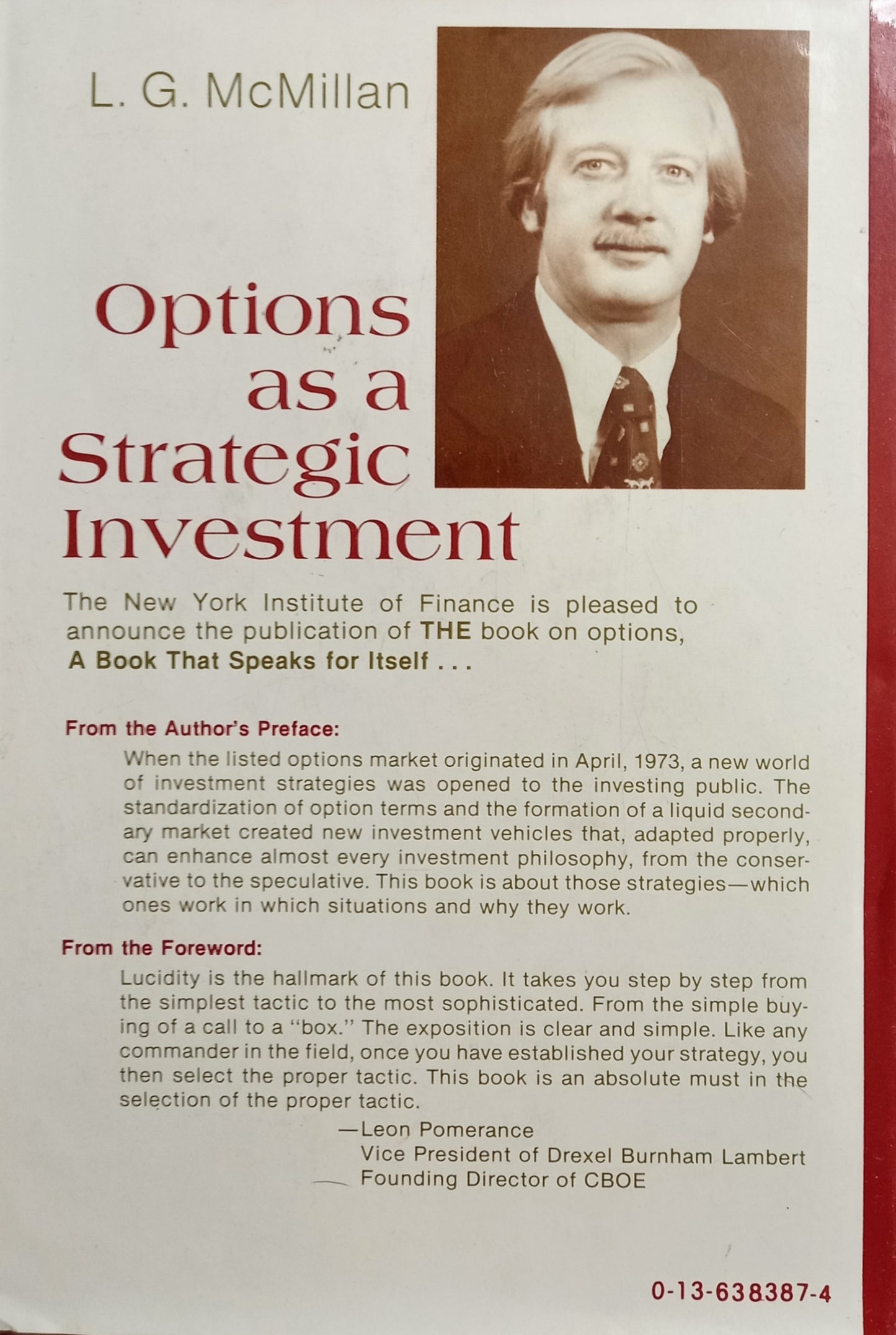 Book back cover of 'Options As a Strategic Investment' by Lawrence G. McMillan, featuring author bio and portrait with ISBN and other book data.