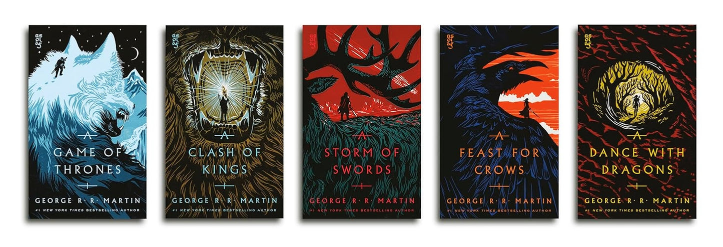 Five book covers from the A Song of Ice and Fire series by George R.R. Martin.