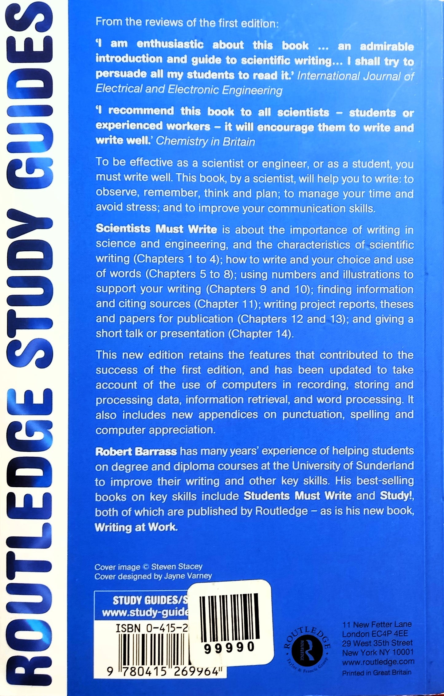 Back cover of Scientists Must Write: A Guide to Better Writing for Scientists, Engineers and Students by Robert Barrass