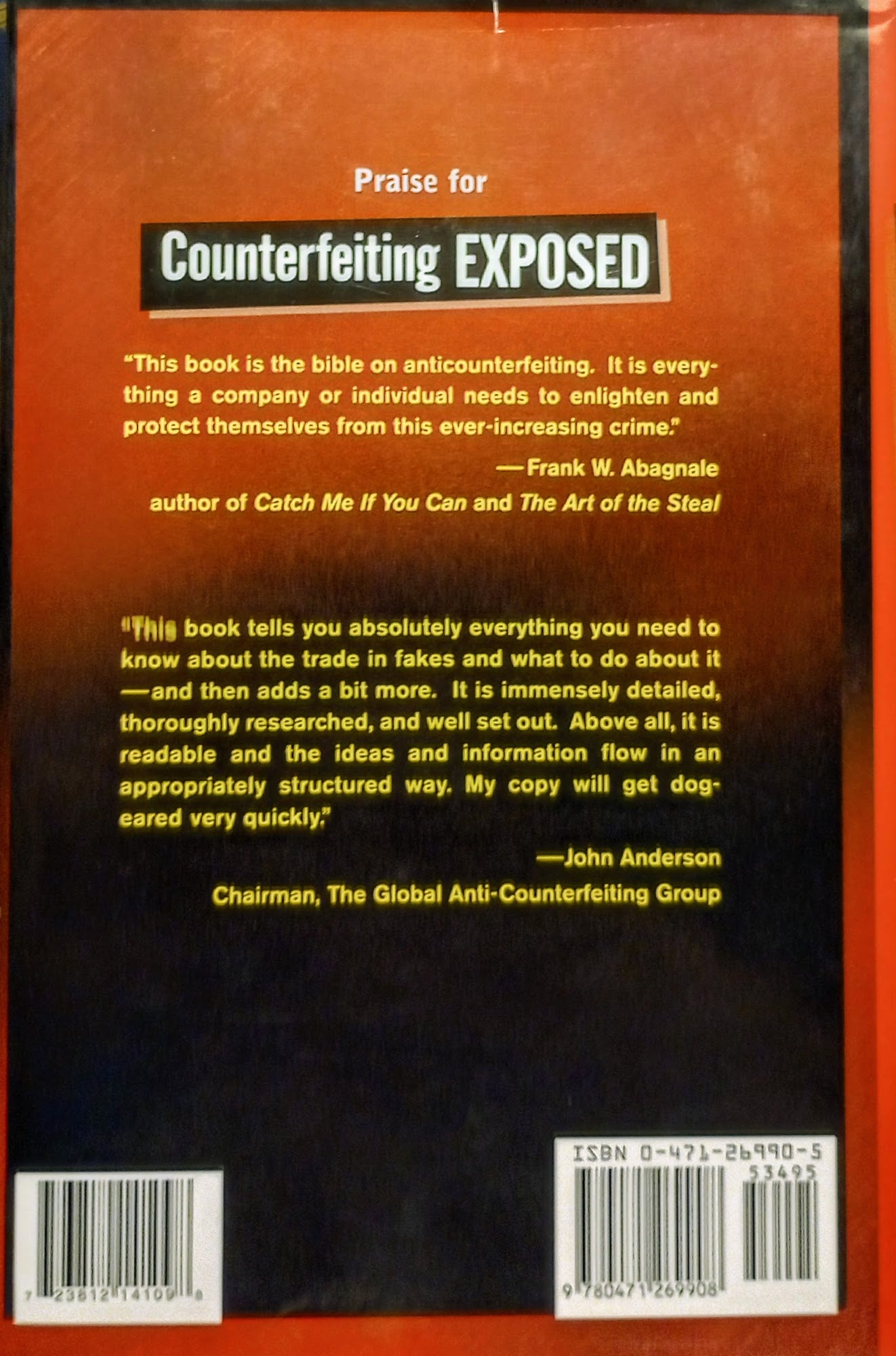 Back cover of a book titled 'Counterfeiting EXPOSED' with praise text and a barcode.