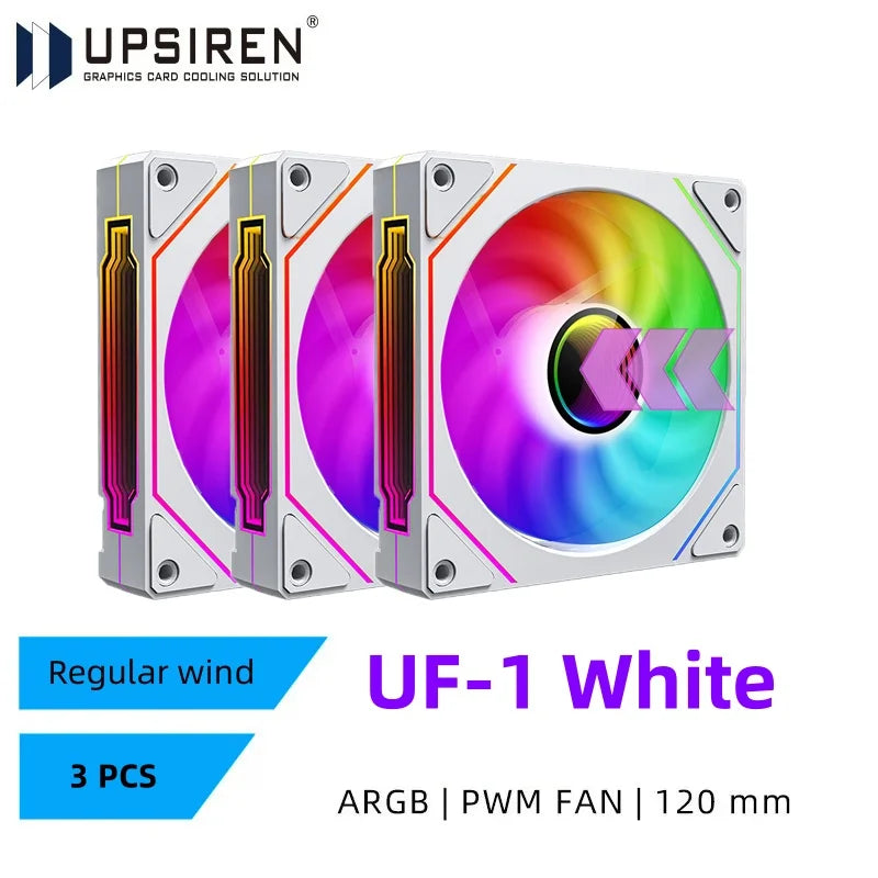 Three graphics computer card cooling fans with RGB lighting on a white background, featuring the regular wind 120mm fan cooling system.