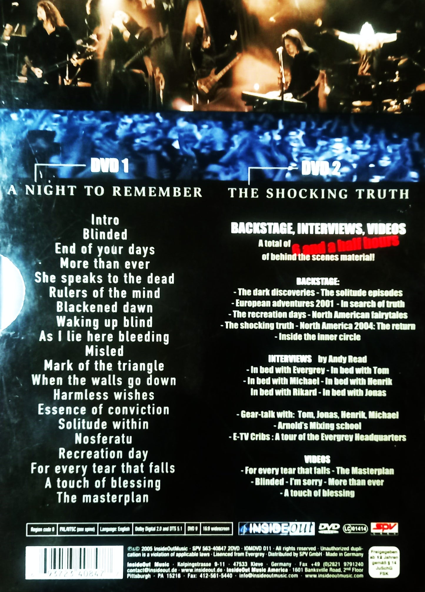 Back cover art for Evergrey: A Night to Remember: Live 2004 — double DVD remastered edition featuring the band’s full 2004 Gothenburg concert and extensive bonus material as well as track listing.