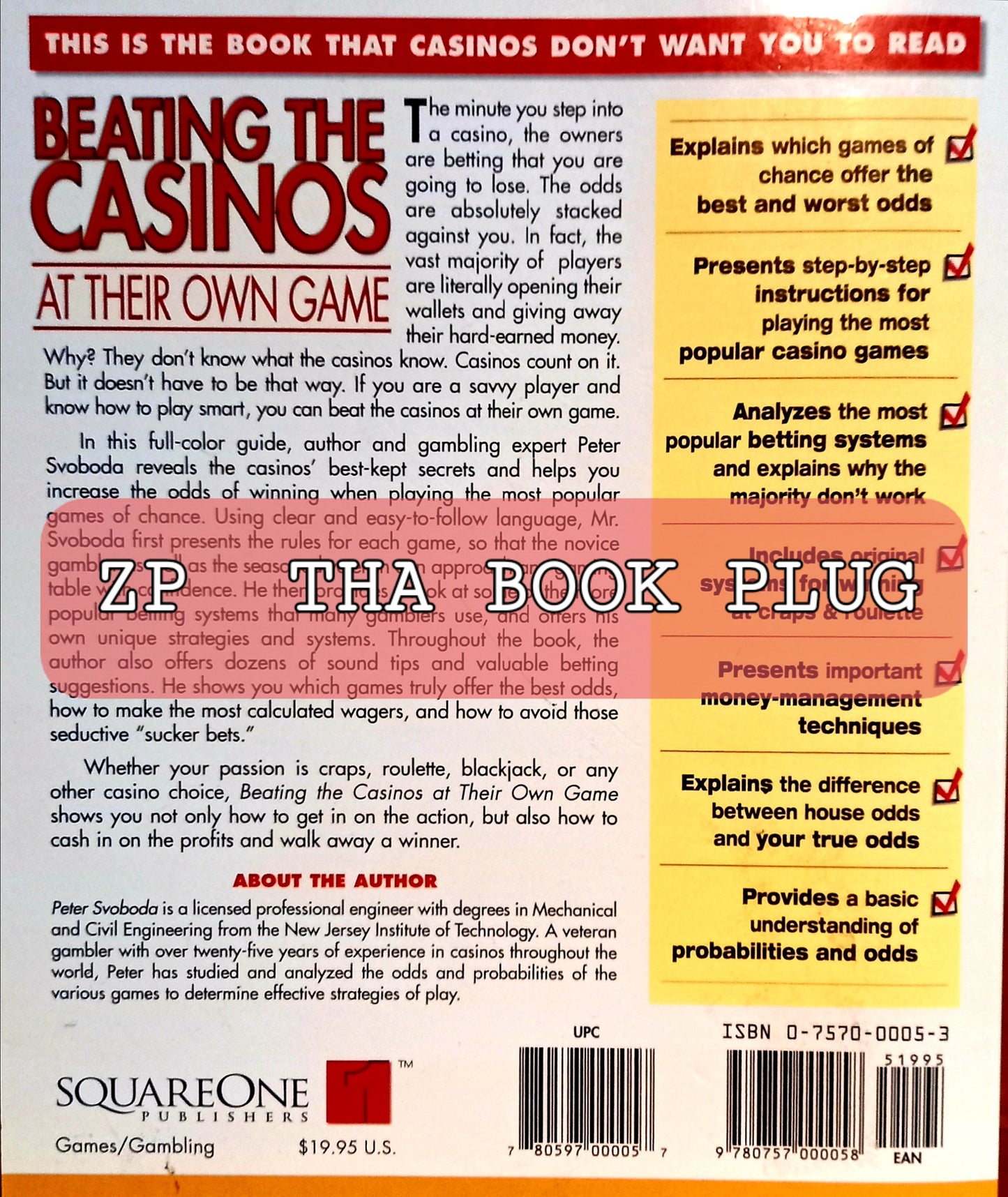 This image features the book back cover of the book "Beating the Casinos at Their Own Game" by Peter Svoboda. The cover design is straightforward and informative, displaying the book description and author biography.
