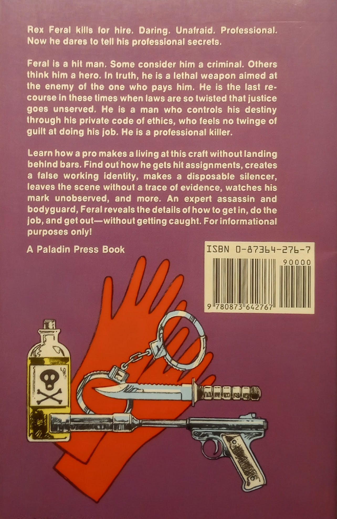 Book back cover with text, gun with a silencer, rubber gloves, handcuffs, a knife and bottle of poison illustration on a purple background, wraparound from book front cover.