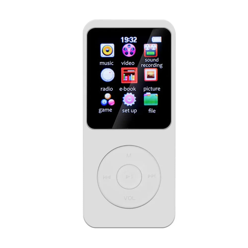 White digital media player with a display showing various application icons on a white background