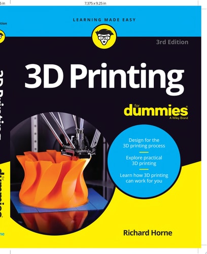 Book cover of '3D Printing For Dummies' with a 3D printer and orange object on a blue and yellow background.