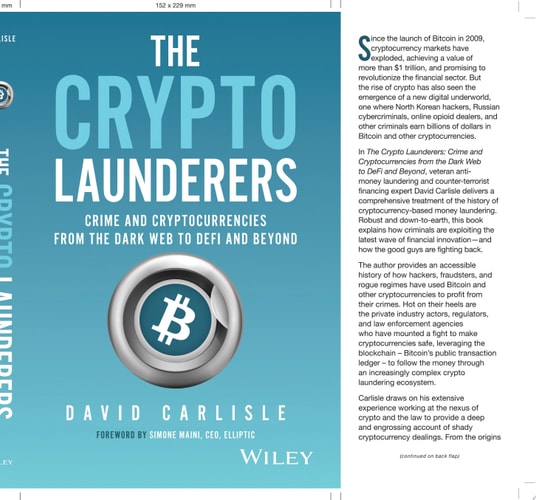 Book cover of 'The Crypto Launderers' by David Carlisle with a blue background and Bitcoin symbol.