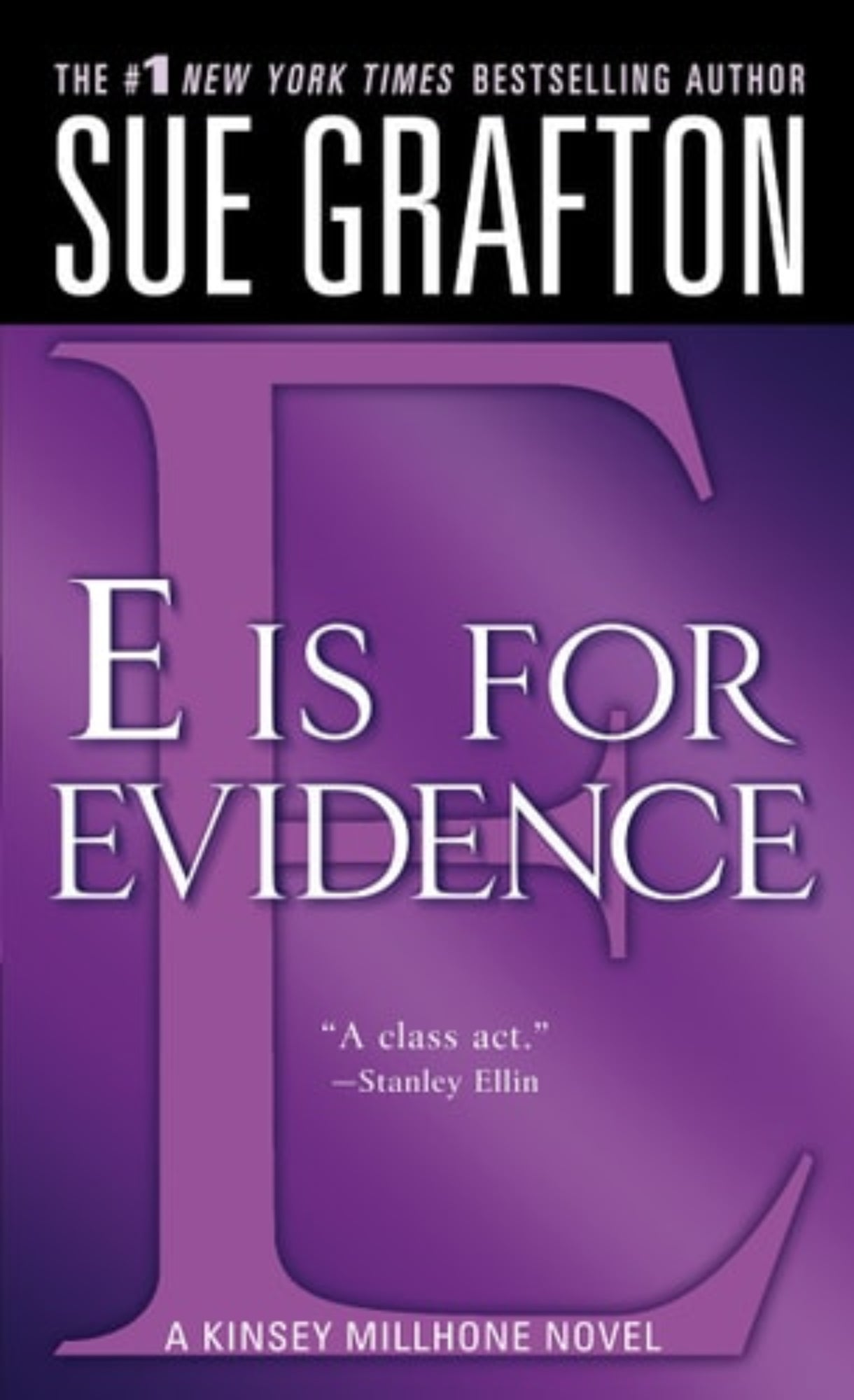 Book cover of 'E is for Evidence' by Sue Grafton with a purple background and white text.