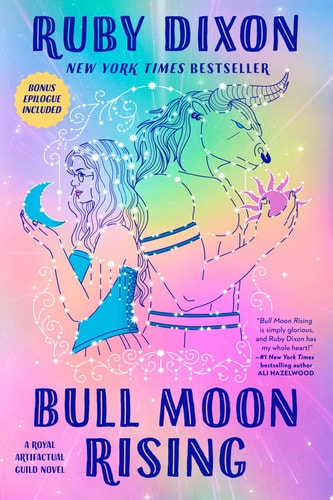 Book cover of 'Bull Moon Rising' by Ruby Dixon with a colorful design featuring a woman and a bull.