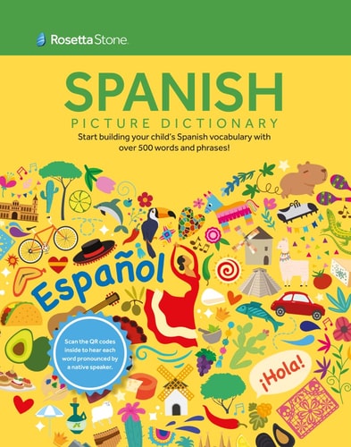 Book cover of "Rosetta Stone: Spanish Picture Dictionary" book cover with colorful illustrations and text.