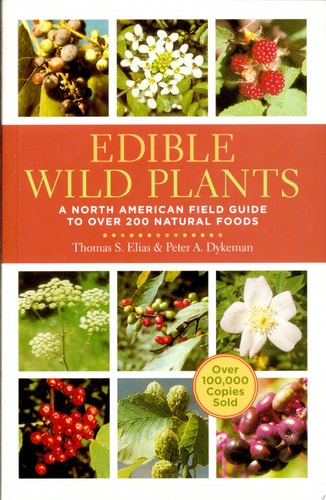 Book cover of 'Edible Wild Plants' with images of plants and a red banner.