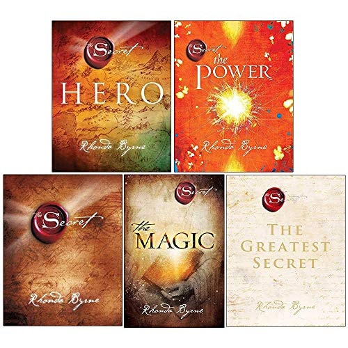 A set of five book covers by Rhonda Byrne, including 'The Hero', 'The Power', 'The Magic', and 'The Greatest Secret'. Each cover features a title and author name with a background of abstract designs.