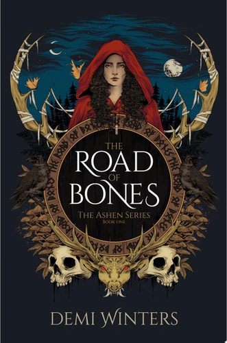 Book cover of 'The Road of Bones' by Demi Winters with a dark background and mystical design elements.