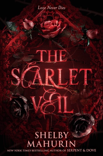 Book cover of 'The Scarlet Veil' with roses and red text on a dark background