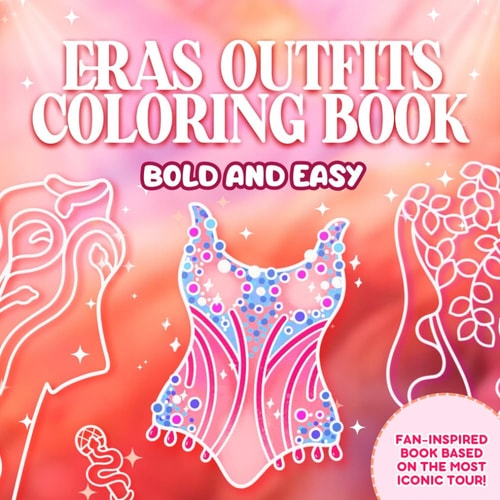 Coloring book cover with 'ERAS Outfits' and 'Bold and Easy' text on a gradient background.