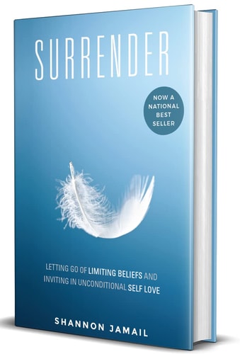 Book titled 'Surrender' by Shannon Jamail with a blue cover and feather illustration.