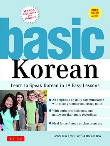 Book cover of 'Basic Korean' with text and images of people on a light blue background