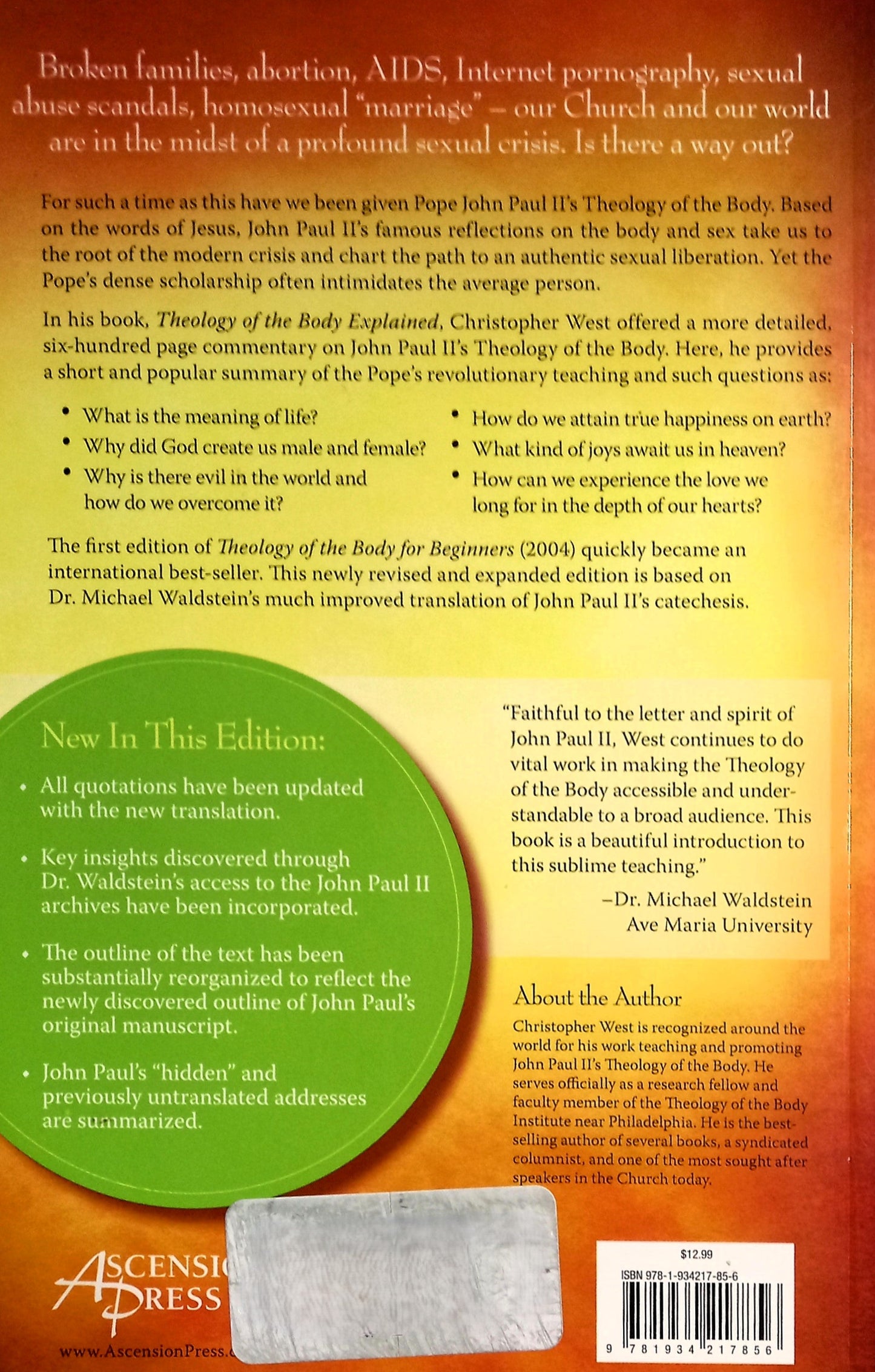 Back cover of Theology of the Body for Beginners by Christopher West