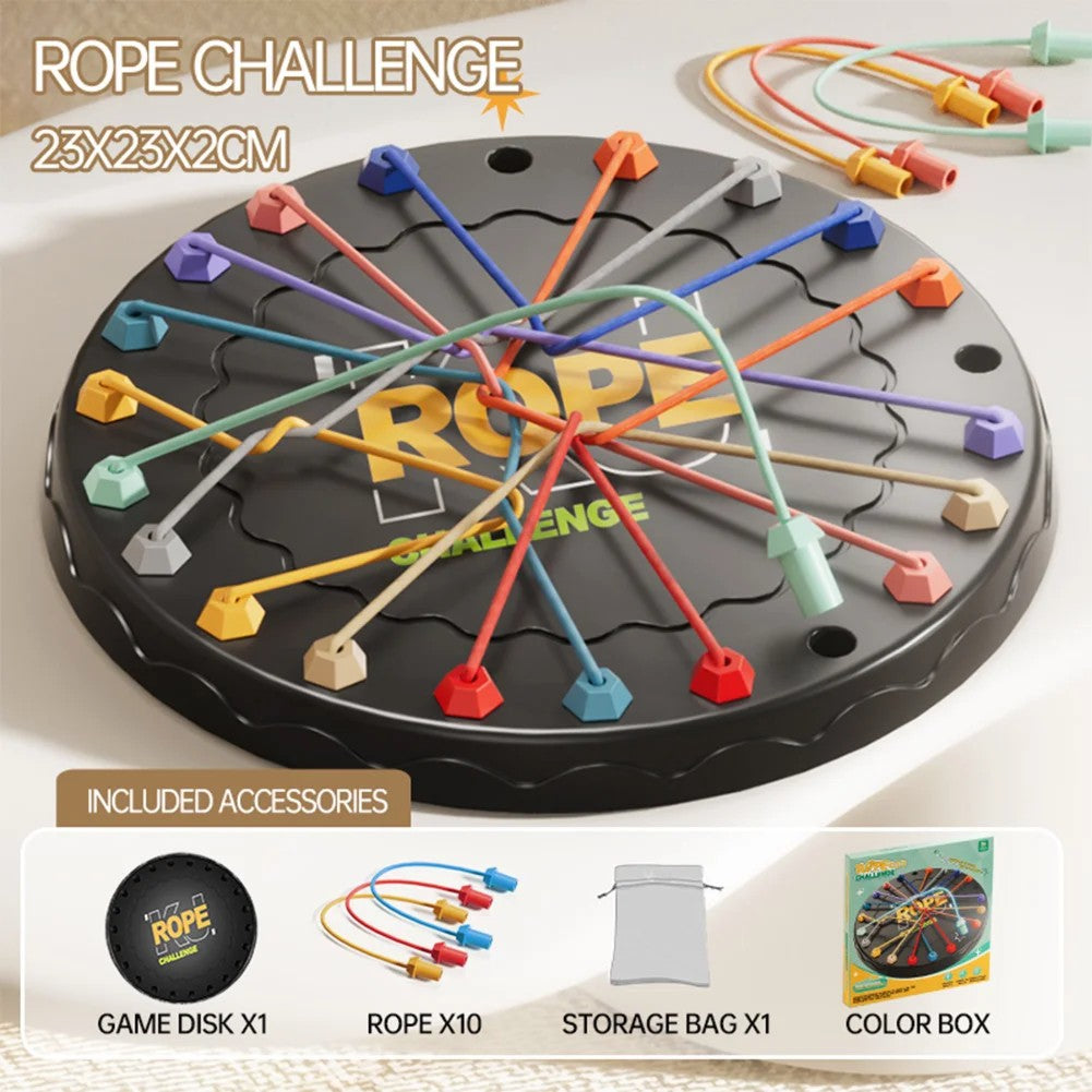 Rope challenge game with colorful ropes on a black base, including accessories like a game disk, storage bag, and color box.