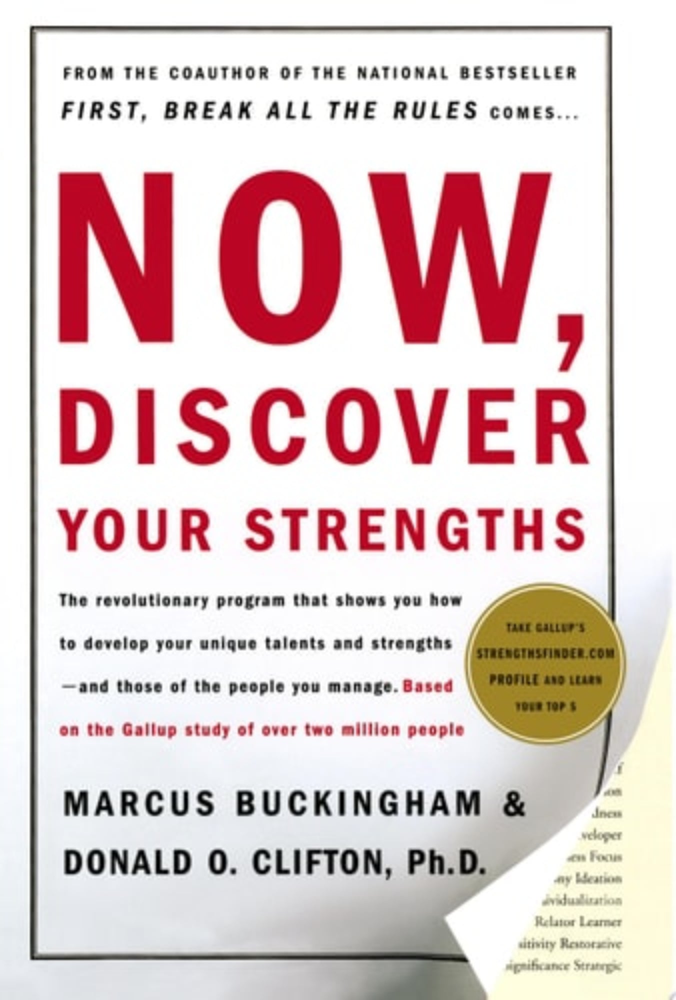 Book cover of 'Now, Discover Your Strengths' by Marcus Buckingham and Donald O. Clifton with red and white text.