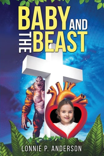 Book cover of 'Baby and the Beast' with a creature and a child's face in a heart, against a blue background with leaves.