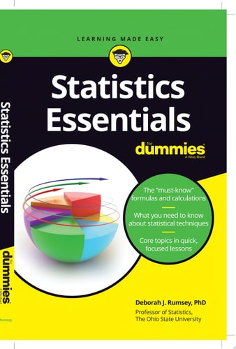 Book cover of 'Statistics Essentials for Dummies' with colorful graphics on a black background