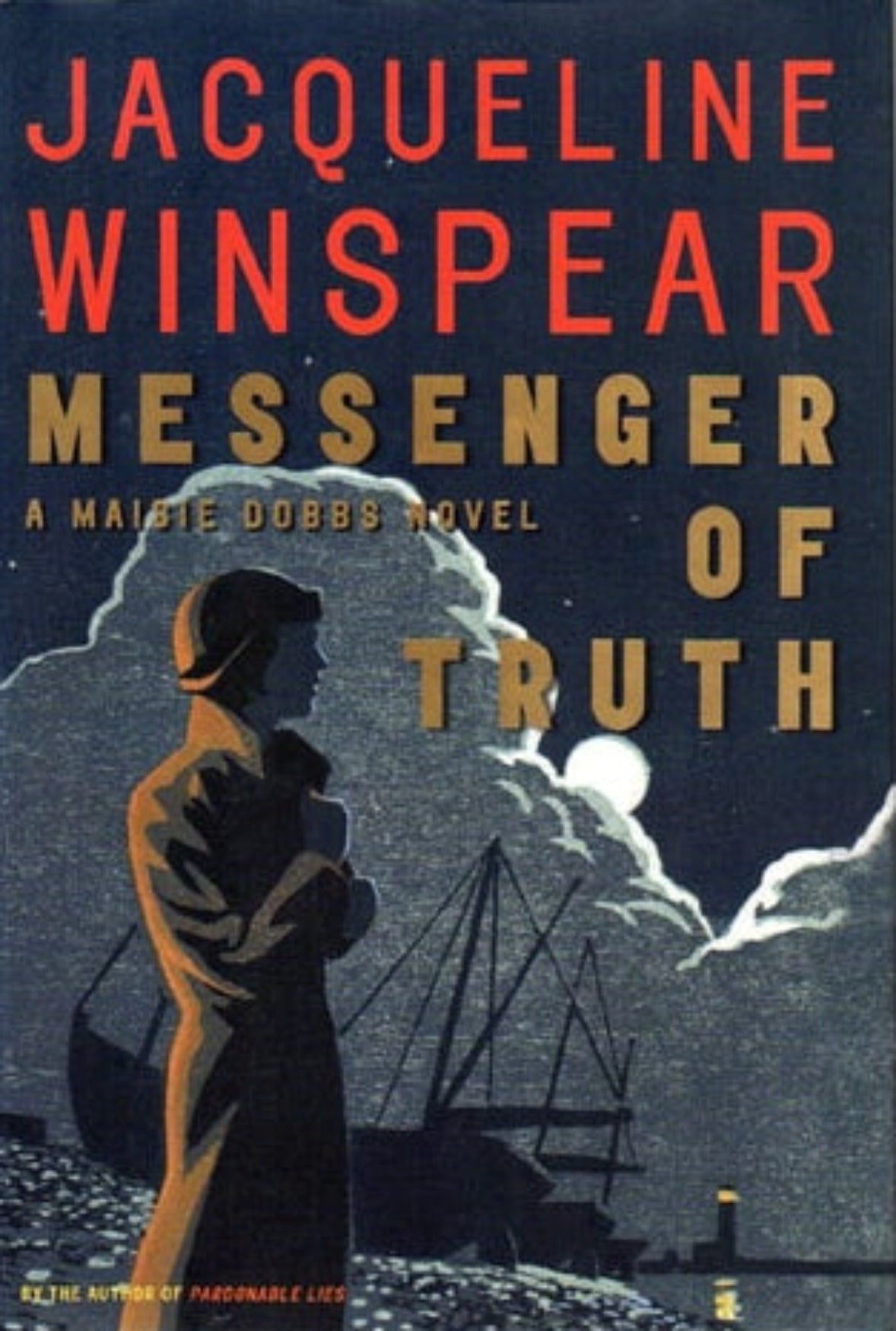 Book cover of 'Messenger of Truth' by Jacqueline Winspear featuring a silhouette against a mountainous landscape.