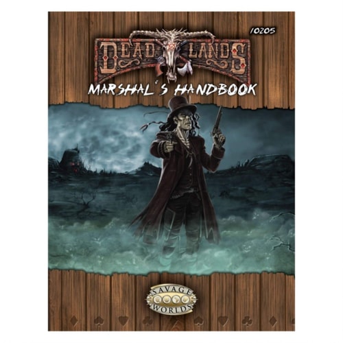 Book cover of 'Deadlands Marshal's Handbook' with a cowboy illustration and 'Savage Worlds' logo.