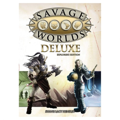 Cover of 'Savage Worlds Deluxe' with characters and logo on a beige background