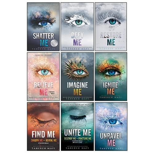 Collection of book covers from the 'Me' series by Tahereh Mafi on a white background.