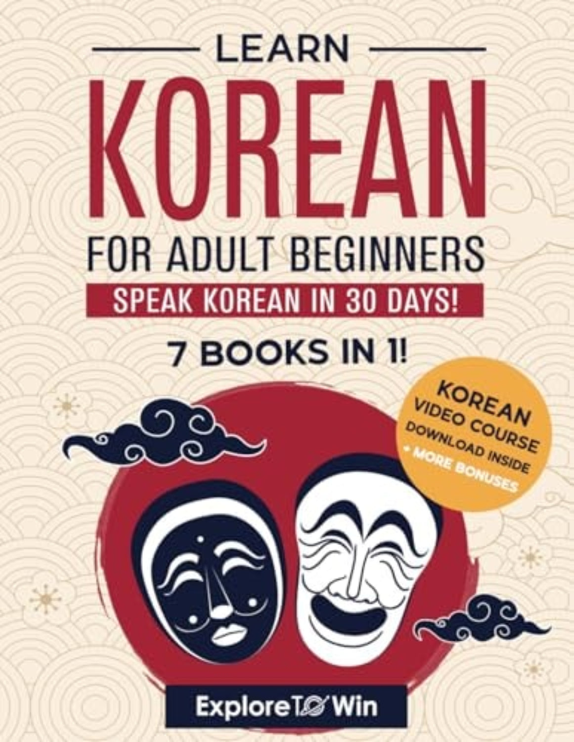 Book cover for Korean language learning set with masks and promotional text on a beige background.