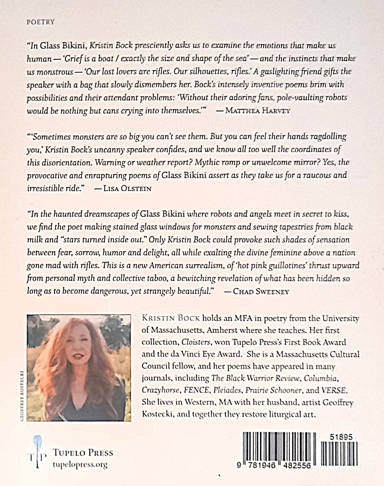 Book back cover of 'Glass Bikini: Poems' by Kristin Bock, featuring praise, author photo, author bio, and other book data.