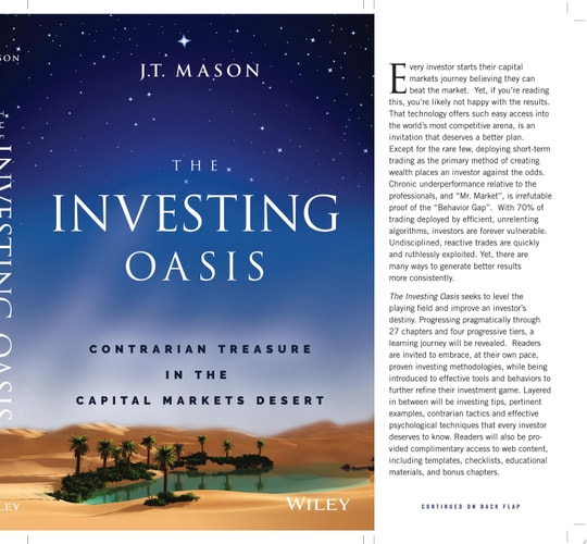 Book cover of 'The Investing Oasis' by J.T. Mason with desert and oasis illustration.