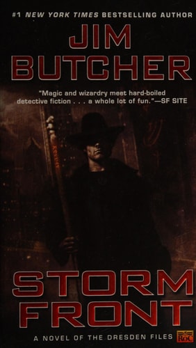 Book cover of 'Storm Front' by Jim Butcher with a dark theme and text.