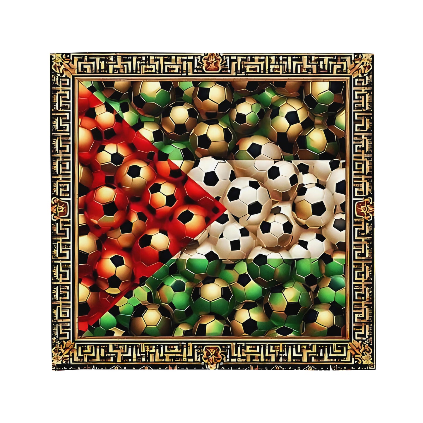 A bandana featuring a geometric pattern with soccer ball designs in red, green, white, and black colors, with an emphasis on the Palestinian flag.