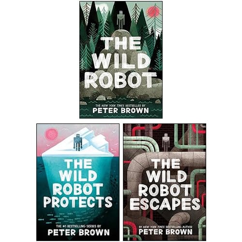 Three book covers of 'The Wild Robot' series by Peter Brown on a white background.