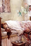 Illustration of a woman lying in bed with flowers and a glass of water on a nightstand.