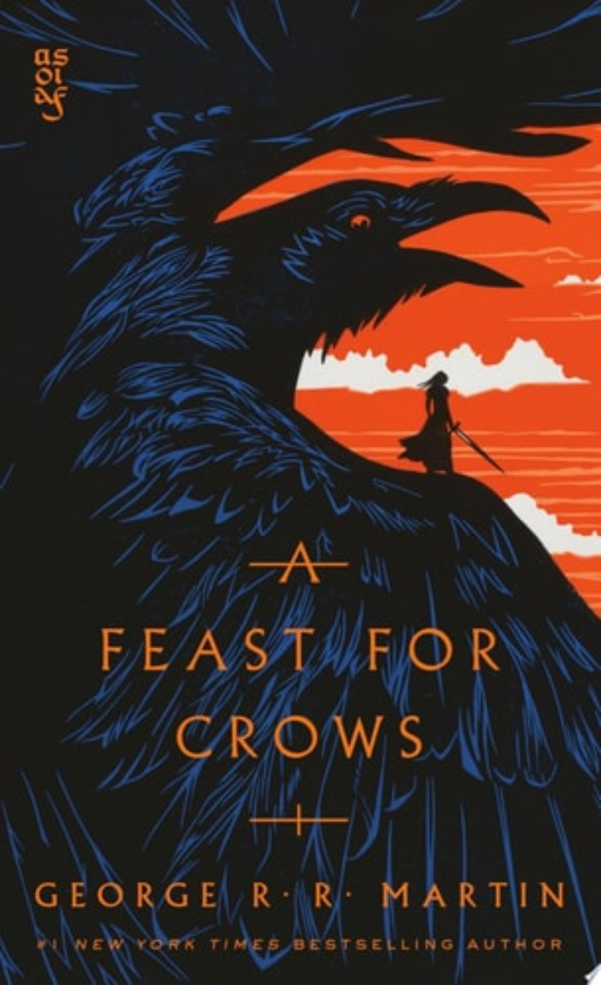Book cover of 'A Feast for Crows' by George R.R. Martin with a silhouette of a crow and a person on a mountain.