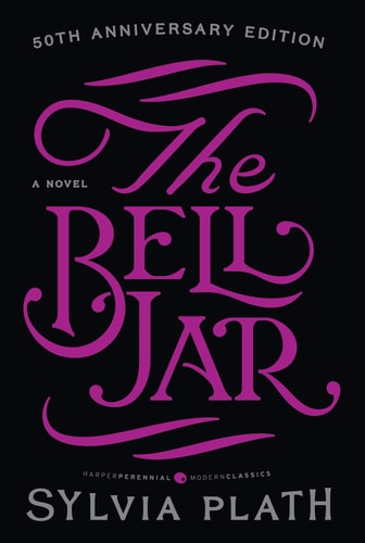 Book cover of 'The Bell Jar' by Slyvia Plath with purple text on a black background