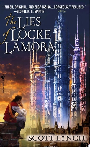 Book cover of 'The Lies of Locke Lamora' with a fantasy castle and a character sitting on a wall.