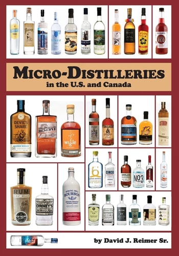 Collection of liquor bottles with a red border and text about micro-distilleries in the U.S. and Canada.