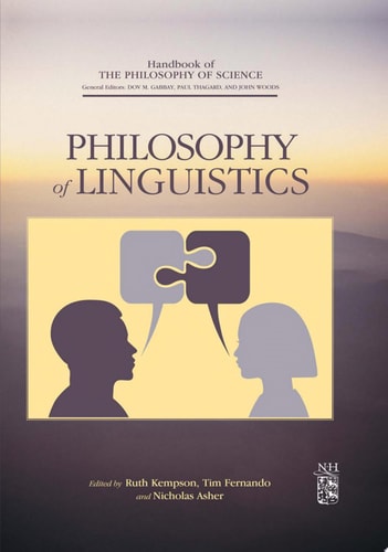 Book cover of 'Philosophy of Linguistics' with a graphic of two figures and a puzzle piece on a gradient background.