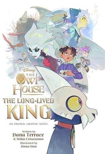 Cover of 'The Owl House: The Long-Lived King' graphic novel with owl characters and text.