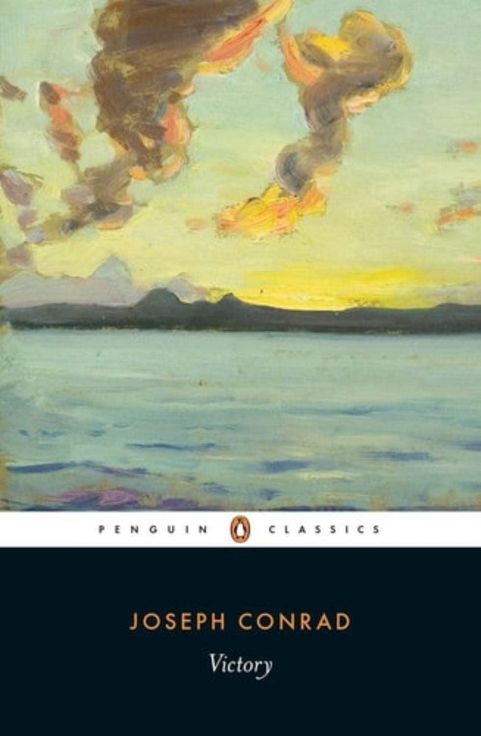 Book cover of 'Victory' by Joseph Conrad with a painting of clouds and water.