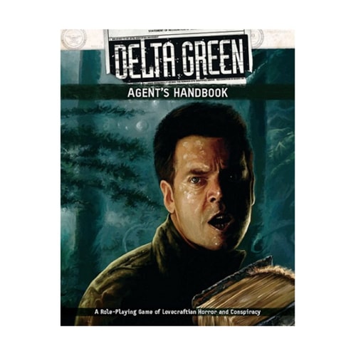 Book cover of 'Delta Green Agent's Handbook' with a character holding a book against a dark background.