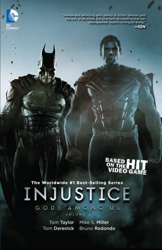 Comic book cover featuring two superhero characters with 'Injustice: Gods Among Us' branding.