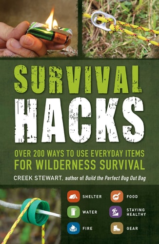 Book cover of 'Survival Hacks' by Creek Stewart with a person using a lighter.