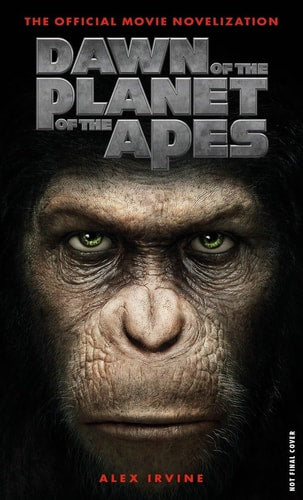 Book cover of 'Dawn of the Planet of the Apes' movie novelization with a close-up of an ape's face.