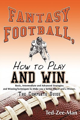 Book cover of 'Fantasy Football, How to Play and Win' with a football and player illustration on an orange background.